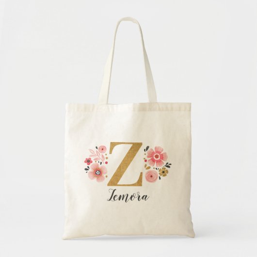 Roze Gouden Bloemige Monogram Letter "Z" Tote Bag (Voorkant)