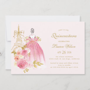 Roze Gouden Bloemige Paris Chic Quinceanera Kaart