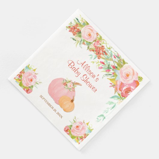 Roze gouden bloemige pompoenen herfst baby shower  servet (Hoek)