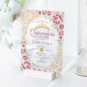 Roze Gouden Bloemige Quinceanera Acryl Uitnodigingen