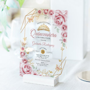 Roze Gouden Bloemige Quinceanera Acryl Uitnodigingen
