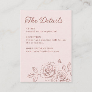 Roze Gouden Bloemige Quinceañera Details Informatiekaartje