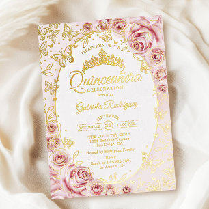 Roze Gouden Bloemige Quinceanera Folie Uitnodiging