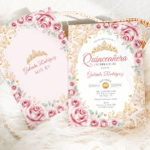 Roze Gouden Bloemige Quinceanera