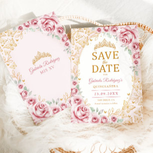 Roze Gouden Bloemige Quinceanera Save The Date