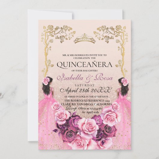 Roze Gouden Bloemige Quinceañera Tweeling Kaart (Voorkant)