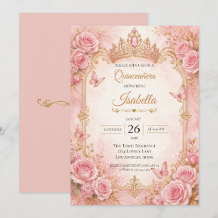Roze Gouden Bloemige Quinceañera Uitnodiging