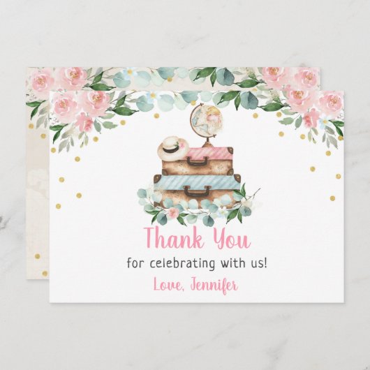 Roze Gouden Bloemige Reis Bruidsfeest Bedankkaart (Voorkant / Achterkant)