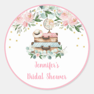 Roze Gouden Bloemige Reis Bruiloftsshower Ronde Sticker