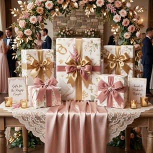 Roze Gouden Bloemige Trouw met Duiven en Ring Cadeaupapier