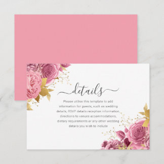 Roze & Gouden Bloemige Trouwdetails Informatiekaartje