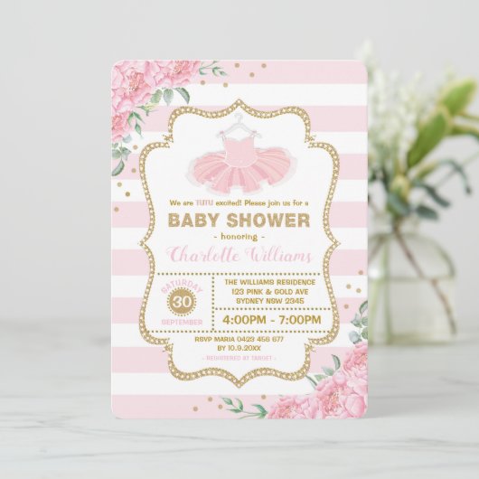 Roze Gouden Bloemige Tutu Ballerina Meisje Baby Sh Kaart (Staand voorkant)