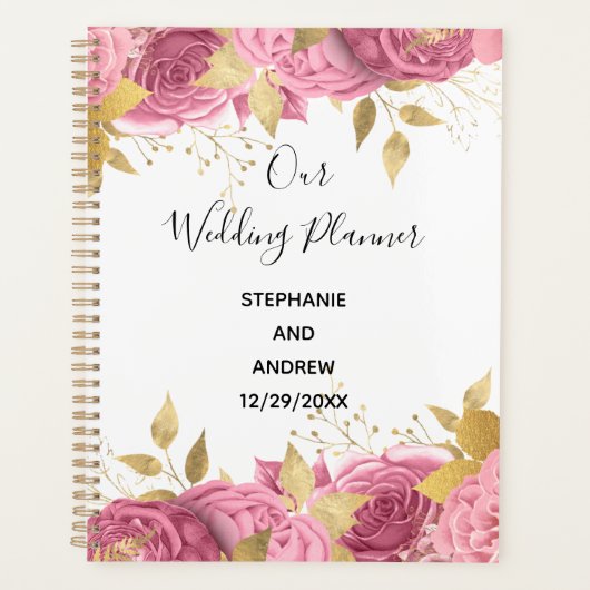 Roze Gouden Bloemrozen Elegante Trouw Planner (Voorkant)