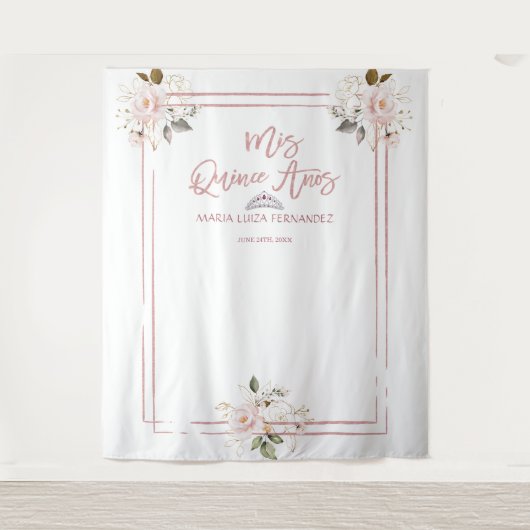 Roze Gouden Bloemstuk Roze Goud MIS QUINCE AÑOS Wandkleed (Voorkant)