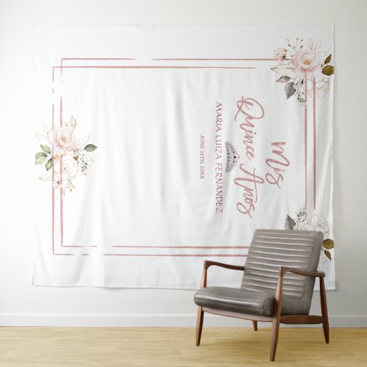 Roze Gouden Bloemstukken Goud MIS QUINCE AÑOS Wandkleed (In Situ (horizontaal))