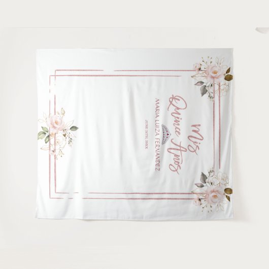 Roze Gouden Bloemstukken Goud MIS QUINCE AÑOS Wandkleed (Voorkant (horizontaal))