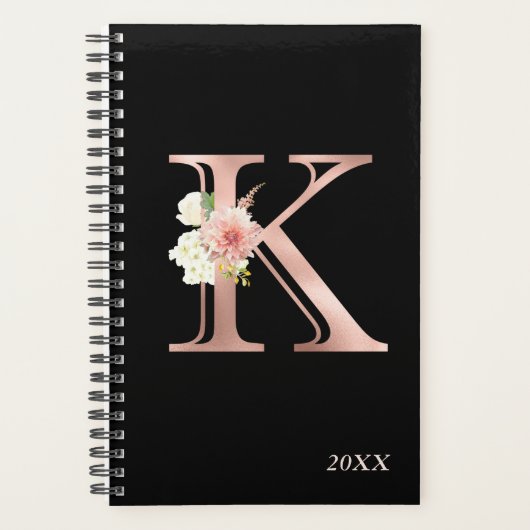 Roze Gouden Blos Bloemachtige Jaarlijkse Monogram  Planner (Voorkant)