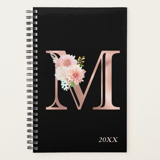 Roze Gouden Blos Bloemachtige Jaarlijkse Monogram  Planner (Voorkant)