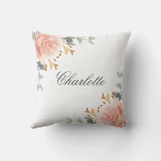 Roze gouden blos bloemen groen naam script kussen (Achterkant)