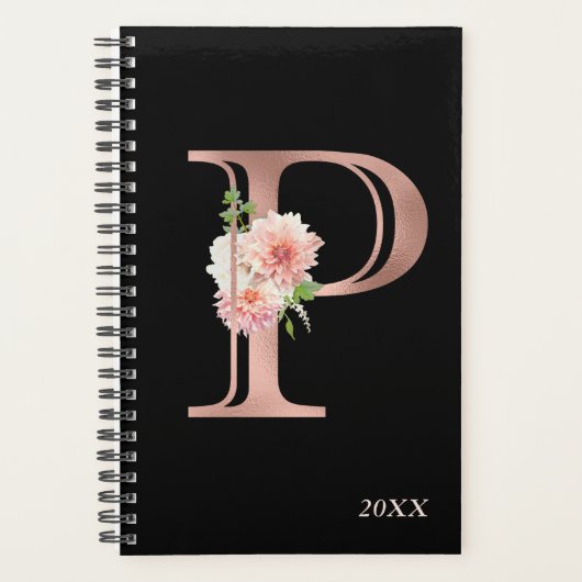 Roze Gouden Blos Bloemige Jaarlijkse Monogram Lett Planner (Voorkant)