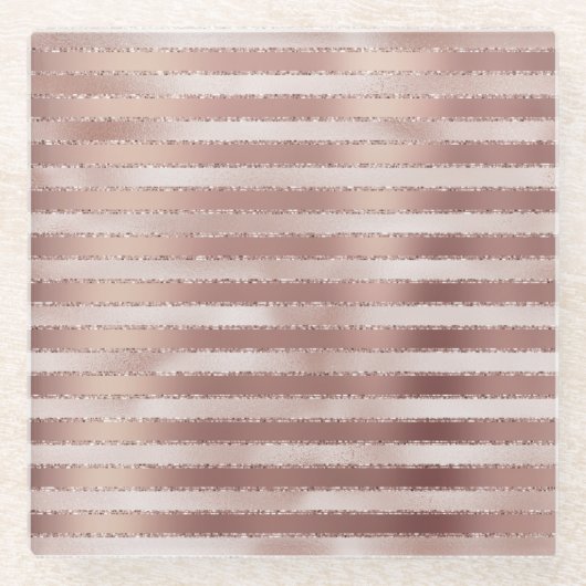 Roze Gouden Blos Roze Strepen Glans Glazen Onderzetter (Voorkant)