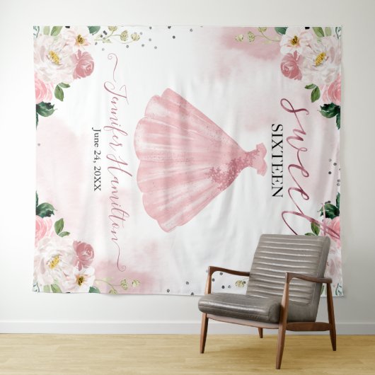 Roze Gouden Blush Bloemen Jurk Sweet 16 Achtergron Wandkleed (In Situ (horizontaal))