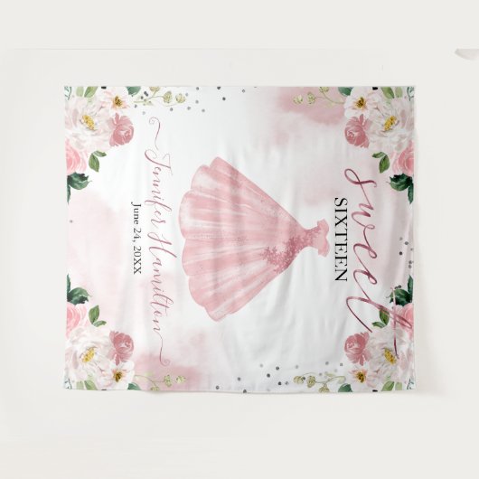 Roze Gouden Blush Bloemen Jurk Sweet 16 Achtergron Wandkleed (Voorkant (horizontaal))