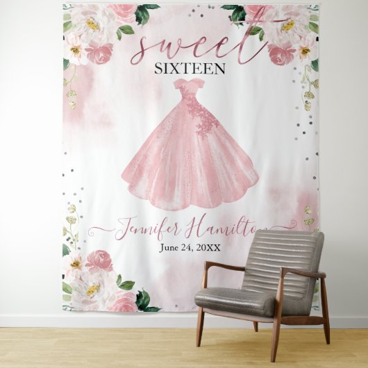 Roze Gouden Blush Bloemen Jurk Sweet 16 Achtergron Wandkleed (In situ)