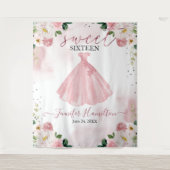 Roze Gouden Blush Bloemen Jurk Sweet 16 Achtergron Wandkleed (Voorkant)