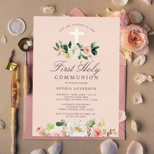 Roze Gouden Blush Bloemen Meisjes Eerste Communie Folie Uitnodiging