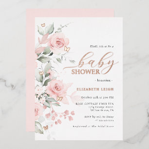 Roze gouden Blush Bloemen Vlinder Baby Shower Folie Uitnodiging