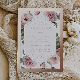 Roze Gouden Blush Bloemrijke Frame Bruiloft Folie Uitnodiging