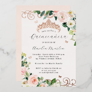 Roze Gouden Blush Bloemrijke Swirl Quinceanera   Folie Uitnodiging