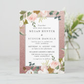 Roze Gouden Blush Glitter Bloemige Moderne Trouw Kaart (Staand voorkant)