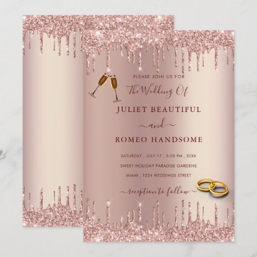 Roze Gouden Blush Glitter Bruiloft Uitnodiging Dri (Voorkant / Achterkant)