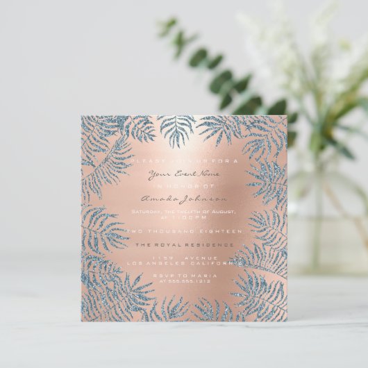 Roze Gouden Blush Glitter Poeder Bloem Blauw Roze Kaart (Staand voorkant)