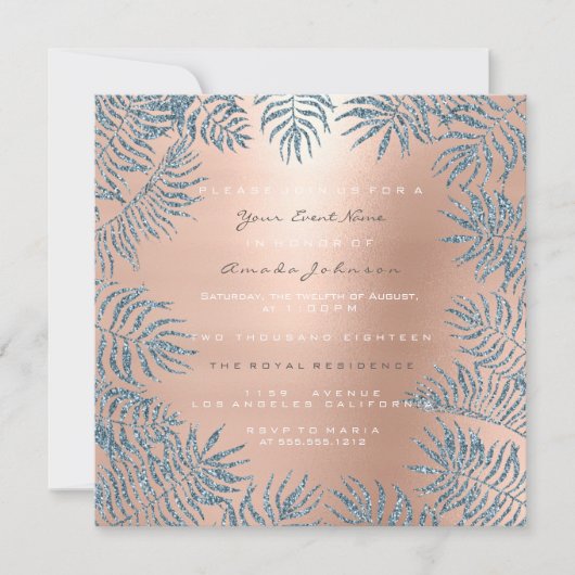 Roze Gouden Blush Glitter Poeder Bloem Blauw Roze Kaart (Voorkant)