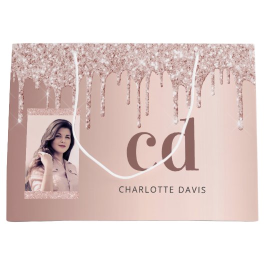 Roze gouden blush glittersparels foto monogram groot cadeauzakje (Voorkant)