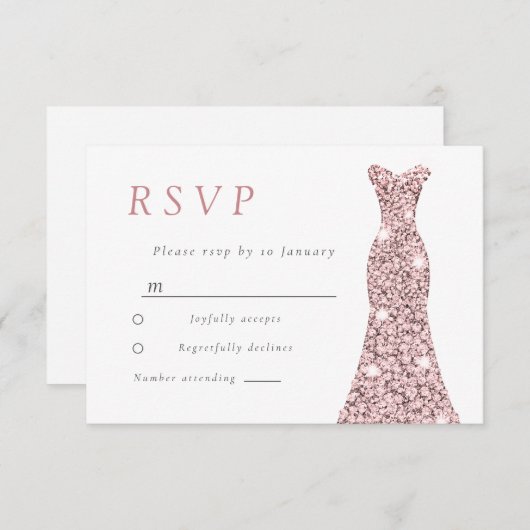 Roze Gouden Blush Jurk Bruiloft of Verjaardag  RSVP Kaartje (Voorkant / Achterkant)