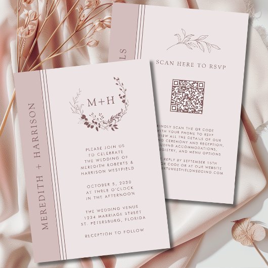 Roze Gouden Blush Monogram QR Code Trouwdag Kaart