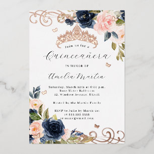 Roze Gouden Blush Navy Bloemige Swirl Quinceanera Folie Uitnodiging