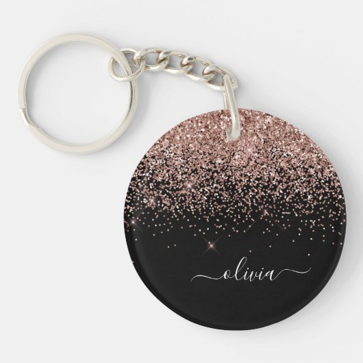 Roze Gouden Blush Roze Glitter Script Monogram Mei Sleutelhanger (Voorkant)