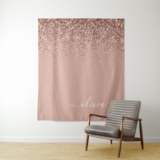 Roze Gouden Blush Roze Glitter Script Monogram Mei Wandkleed (In situ)