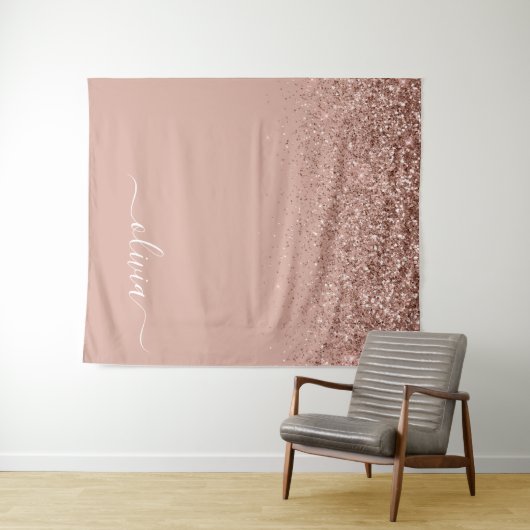 Roze Gouden Blush Roze Glitter Script Monogram Mei Wandkleed (In Situ (horizontaal))