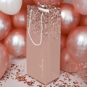 Roze Gouden Blush Roze Glitter Script Monogram Mei Wijn Cadeautas