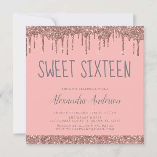 Roze Gouden Blush Roze Glitter Sweet 16 Verjaardag Kaart (Voorkant)