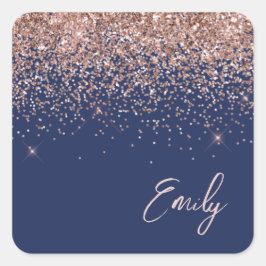 Roze Gouden Blush Roze Marine Blauwe Glitter Naam Vierkante Sticker