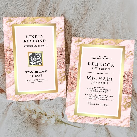 Roze Gouden Blush Roze Marmeren QR Code Huwelijk  Kaart