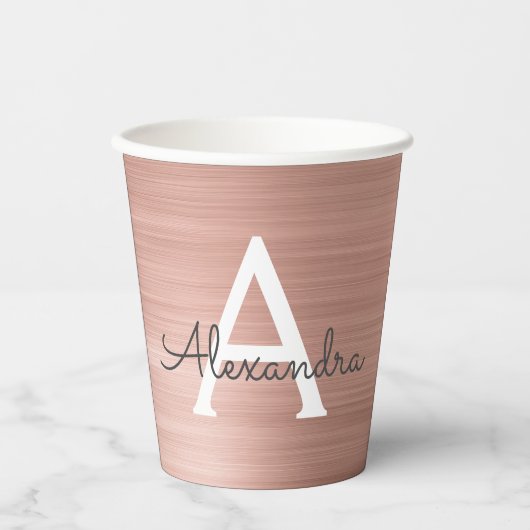 Roze Gouden Blush Roze Monogram Papieren Bekers (Voorkant)