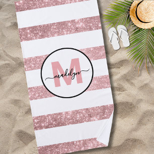 Roze Gouden Blush Roze Streep Naam Initiaal Strandlaken
